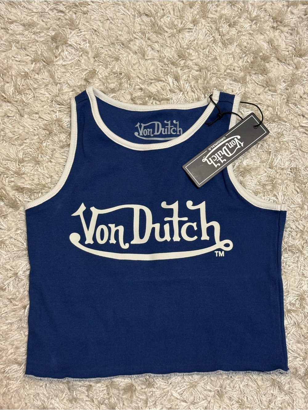 Von Dutch Navy Blue Crop Tank with White Logo Trim